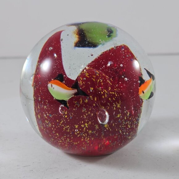 Art Glass Paperweight With Red Core Swimming Fish Orange Green - Picture 2 of 8